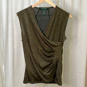 Lauren Ralph Lauren Olive Green Faux Wrap Semi-Sheer Shimmer Top Med